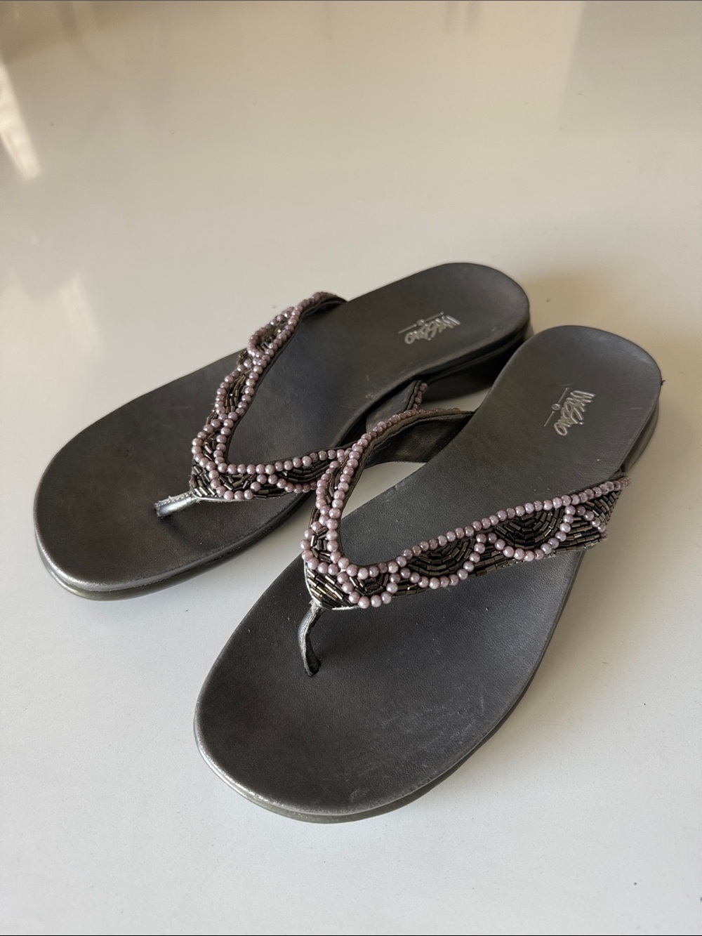 Mossimo Supply Co. Gray Flip Flop Sandals with Mauve Beaded Straps